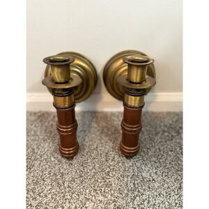 Vintage Set Of Wooden Brass Metal Wall Hanging Candle Sconces Holders Cottage